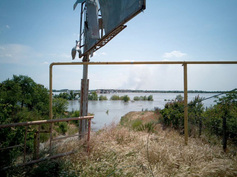 A partially flooded area of Kherson following damages sustained at Kakhovka hydroelectric dam