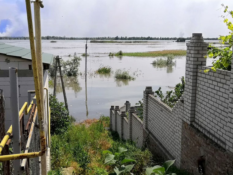 A partially flooded area of Kherson following damages sustained at Kakhovka hydroelectric dam