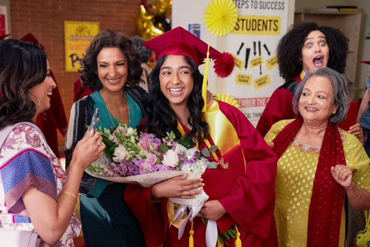 From left, Richa Moorjani as Kamala, Poorna Jagannathan as Nalini Vishwakumar, Maitreyi Ramakrishnan as Devi, Ranjita Chakravarty as Nirmala and Lee Rodriguez as Fabiola Torres in season four of "Never Have I Ever." 