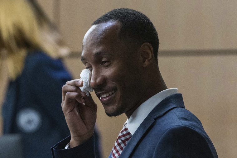 Former Florida State football player Travis Rudolph reacts after a jury acquitted him of all charges in a fatal shooting in 2021, Wednesday, June 7, 2023, in the Palm Beach County Courthouse in downtown West Palm Beach, Fla.
