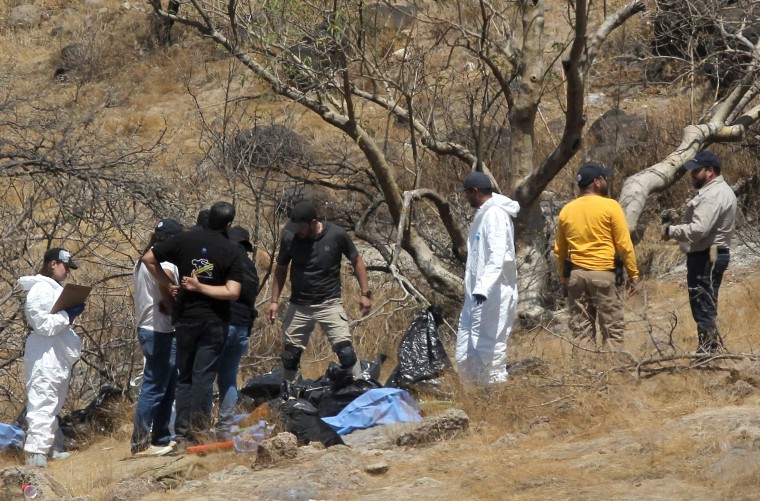 Forensic experts examine several bags of human remains extracted from the bottom of a ravine