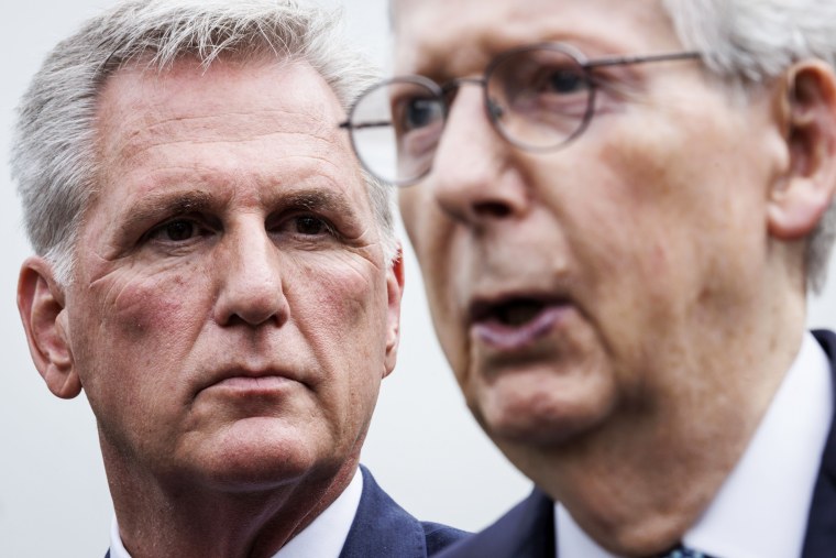 House Speaker Kevin McCarthy, R-Calif., and Senate Minority Leader Mitch McConnell, R-Ky., at the White House on May 16, 2023.