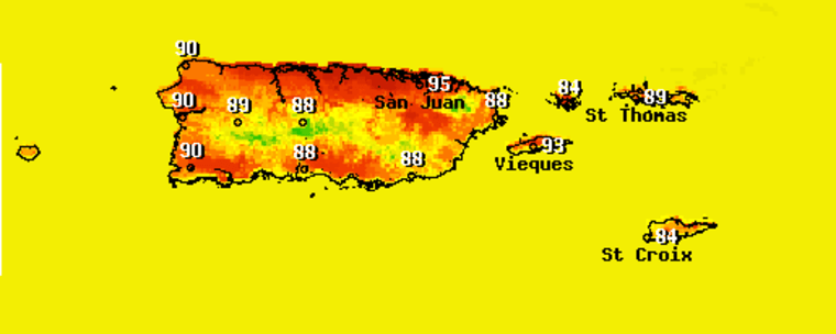 High temperatures in Puerto Rico and surrounding islands on June 7, 2023. 