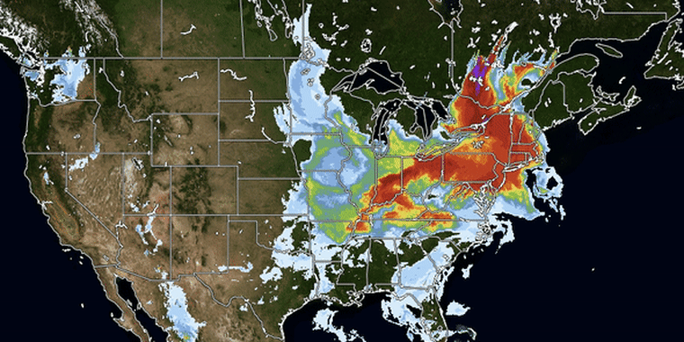 Radar-based analysis by the National Oceanic and Atmospheric Administration taken this morning shows near-surface smoke over the U.S. in the last 24 hours.