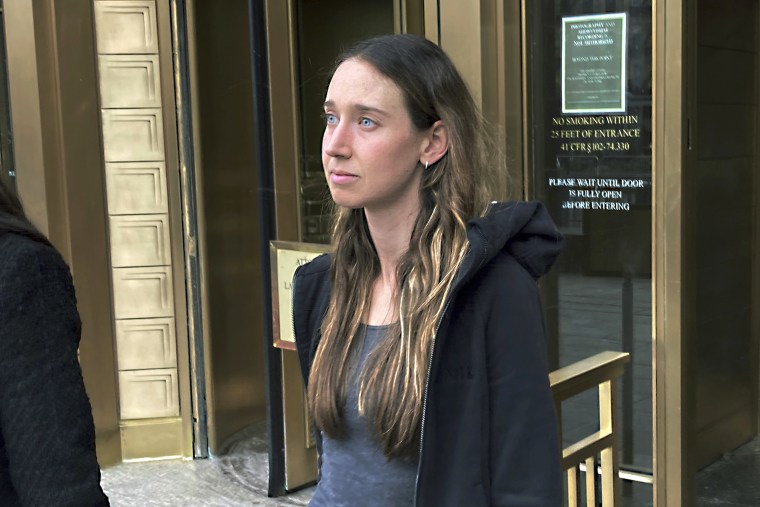 FILE - Charlie Javice, of Miami Beach, Fla., leaves Manhattan federal court, Tuesday, April 4, 2023, in New York, after signing a $2-million bond to remain free on charges that she duped J.P. Morgan Chase with fake records to acquire Frank, her student loan assistance startup company, for $175-million. The fraud case against Javice has taken a step toward trial with an arraignment on an indictment returned in a New York court. Javice pleaded not guilty on Monday, May 22, 2023, to an indictment returned late last week in Manhattan federal court.