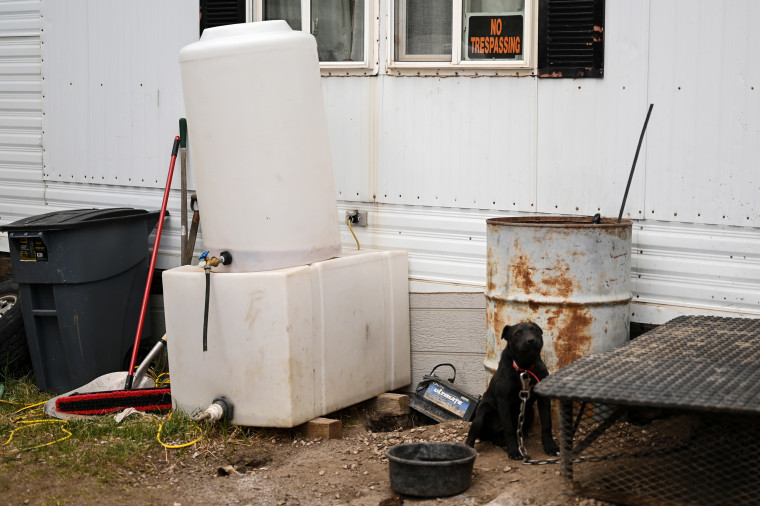 An external water tank in Elephant Rock Mobile Home Park in Palmer Lake, Colo., on April 18, 2023.