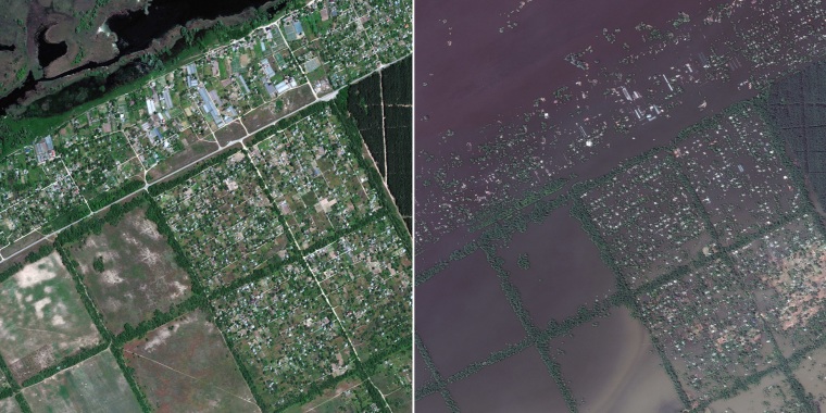 Fields and settlements in the town of Krinky on May 15, left, and on June 7, right. 