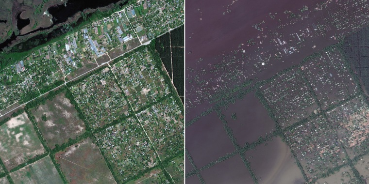 Fields and settlements in the town of Krinky on May 15, left, and Wednesday, right. 