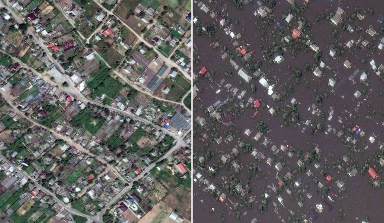 Close up detail from the small town of Oleshky, in the Kherson region on May 15, left, and on June 7, right. 