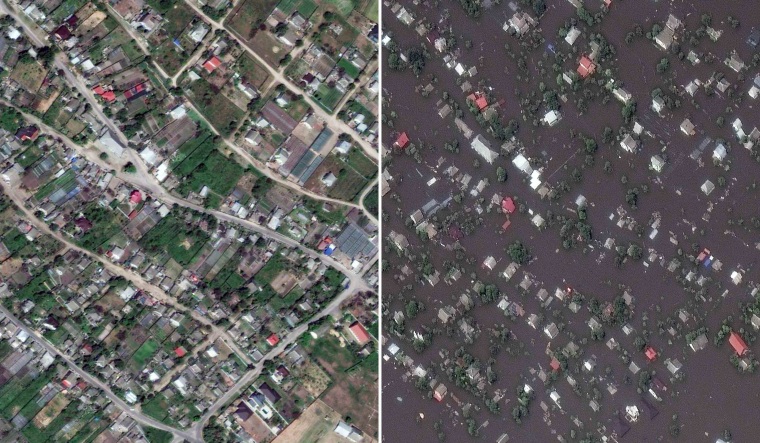 Close-up detail from the small town of Oleshky, in the Kherson region, on May 15, left, and Wednesday, right. 