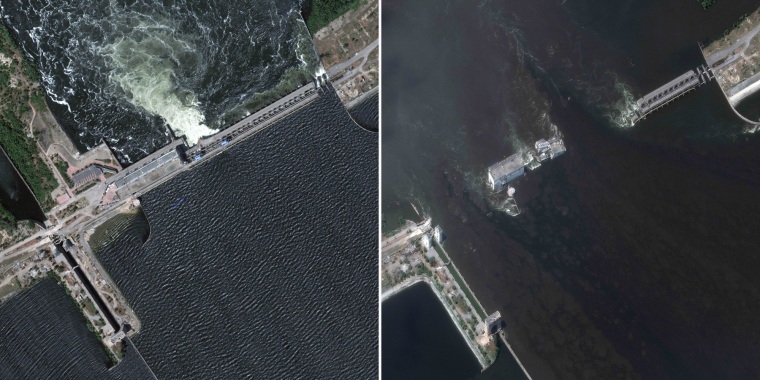 The Nova Kakhovka dam pictured on June 5, left, and on June 7, right.