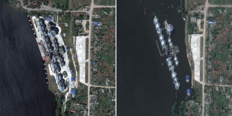 A granary close to the burst dam in Nova Kakhovka on Monday, left, and Wednesday, right. 