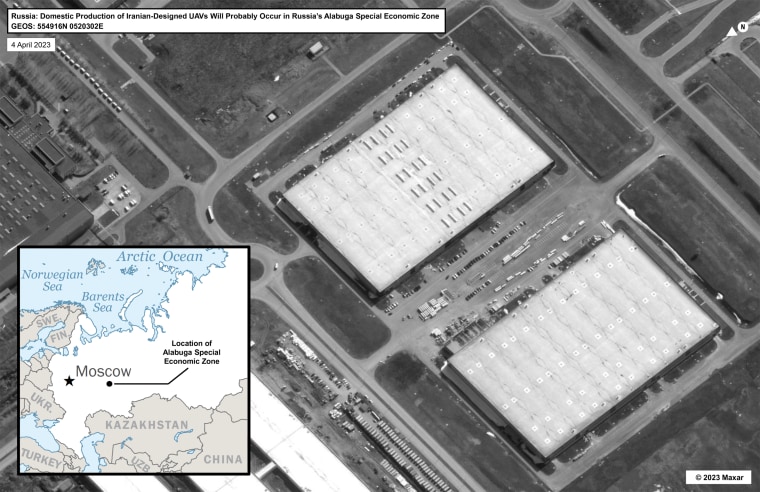 A satellite photo and graphic showing where U.S. intel indicates Moscow and Tehran are planning to build a drone production facility in Russia’s Alabuga Special Economic Zone. 