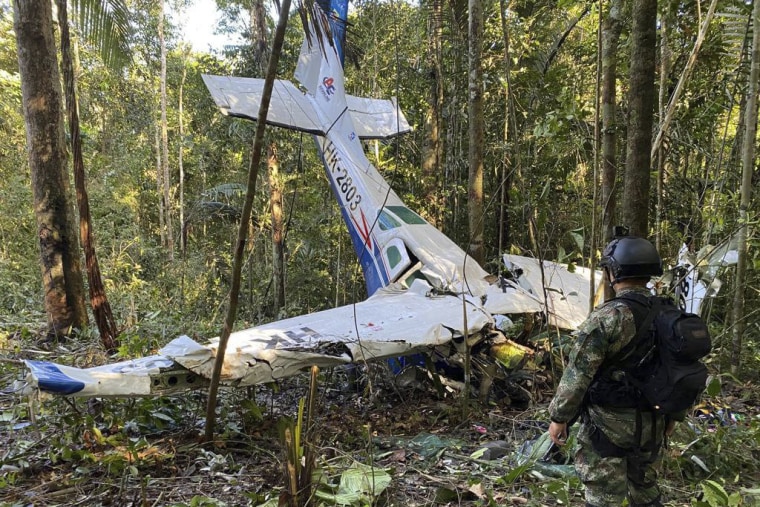 In this photo released by Colombia's Armed Forces Press Office, a soldier stands in front of the wreckage of a Cessna C206, Thursday, May 18, 2023, that crashed in the jungle of Solano in the Caqueta state of Colombia.  A search continues for four Indigenous children who may have survived the deadly plane crash in the Amazon jungle on May 1. On Tuesday, May 16, soldiers found the wreckage and the bodies of three adults, including the pilot and the children's mother.