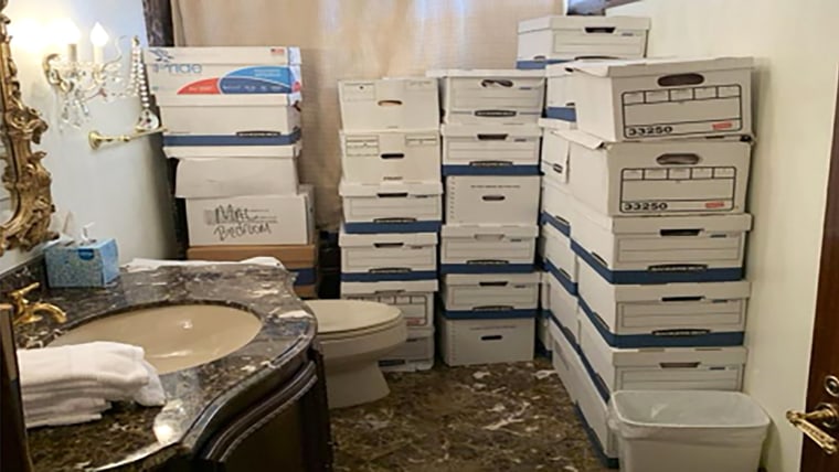 This image from the indictment against former President Donald Trump shows boxes of notes kept in the bathroom and shower of Trump's Lake Room at his Mar-a-Lago mansion in Palm Beach, Fla. Trump faces 37 felony charges Friday, June 9, 2023 day, mishandling classified documents under an unsealed indictment.