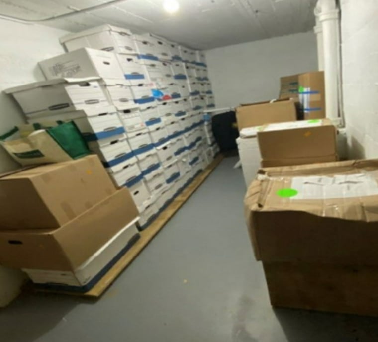 This image, contained in the indictment against former President Donald Trump, shows boxes of records that had been stored in the Lake Room at Trump's Mar-a-Lago estate in Palm Beach, Fla., after they were moved to a storage room on June 24, 2021. Trump is facing 37 felony charges related to the mishandling of classified documents according to an indictment unsealed Friday, June 9, 2023. 