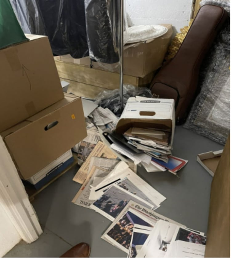 This image, which appears in the indictment against former President Donald Trump, shows the contents of a storage room at Trump's Mar-a-Lago mansion in Palm Beach on Dec. 7, 2021.  to the floor.  Trump faces 37 felony counts of mishandling classified documents, according to an indictment unsealed Friday, June 9, 2023.