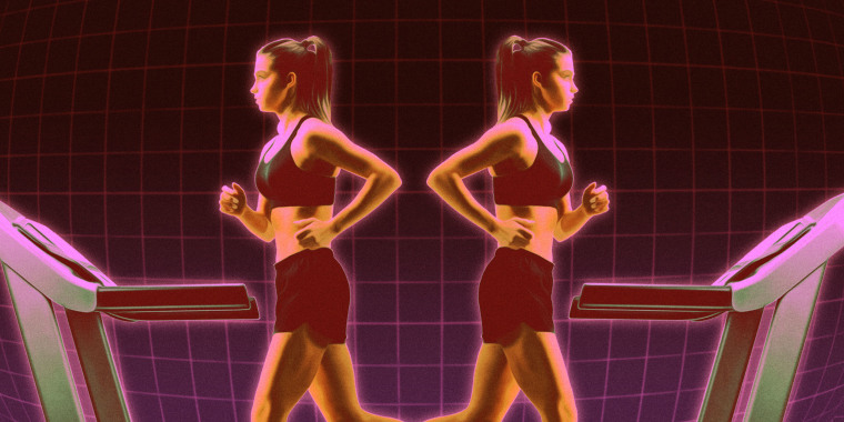 Back-to-back digitized women running on treadmills