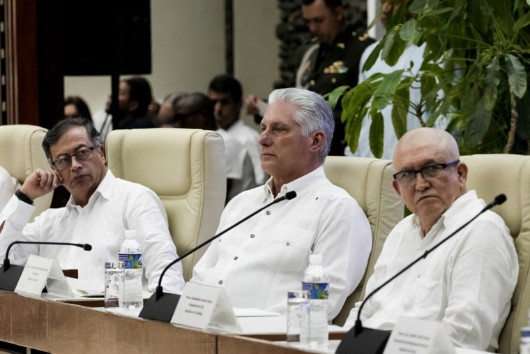 From left; Colombia's President Gustavo Petro, Cuban President Miguel Diaz-Canel and ELN commander Antonio Garcia during a bilateral ceasefire agreement signing in Havana, Cuba, on June 9, 2023.