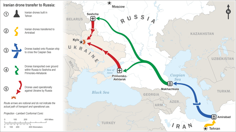 A graphic made by the White House illustrates the route the Iranian-made drones travel, as they are shipped across the Caspian Sea, from Amirabad, Iran, to Makhachkala, Russia. They are then used operationally to attack Ukraine from Russian military bases. 