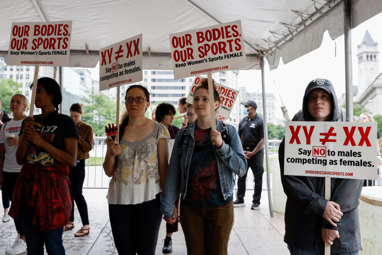 A 2022 rally in Washington organized by athletic women's groups to call on President Joe Biden to put restrictions on transgender females and "advocate to keep women's sports female."