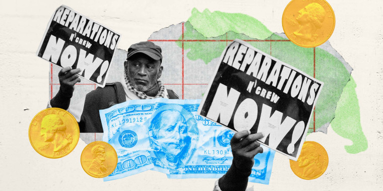Photo Illustration: A collage of a man holding a sign that says "Reparations Now!", a hundred dollar bill, assorted coins, and the grizzly bear from the California flag