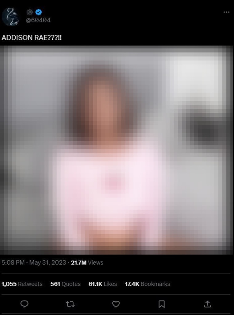 A tweet, since deleted, included a deepfake image of Addison Rae Easterling. The image has been obscured by NBC News. 