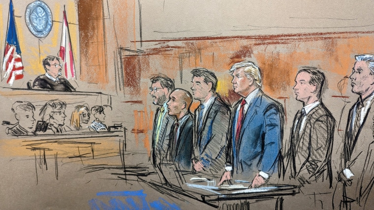 Courtroom sketch of former President Donald Trump with his lawyers and former aide Walt Nauta at their arraignment in federal court in Miami on June 13, 2023.