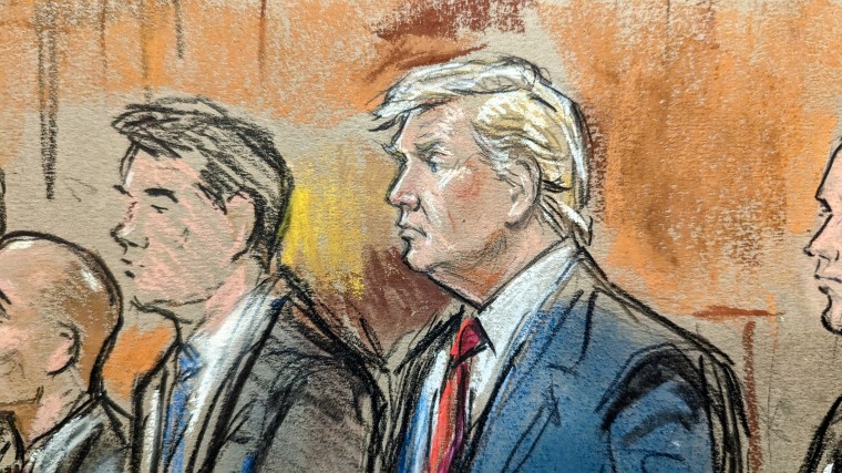 Image: Courtroom sketch of Former President Donald Trump inside federal court during his arraignment in Miami on June 13, 2023.