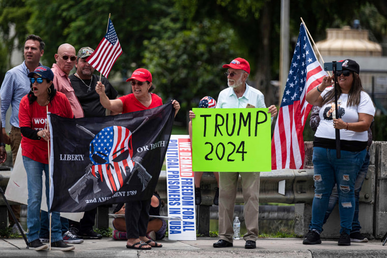 Supporters of former President Donald Trump gather outside Trump National Doral resort in Doral, Fla., on June 12, 2023.