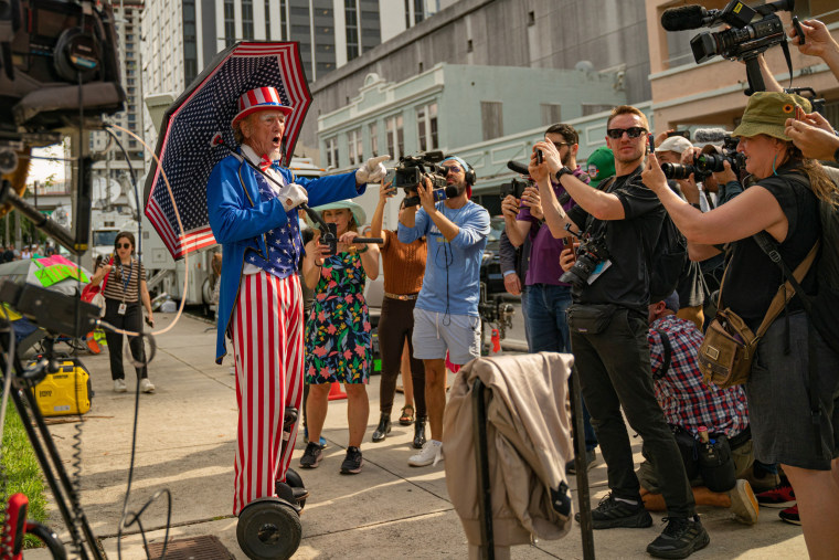 A man dressed as Uncle Sam outside the courthouse in Miami on Tuesday, June 13, 2023, before President Donald Trump's arrival.