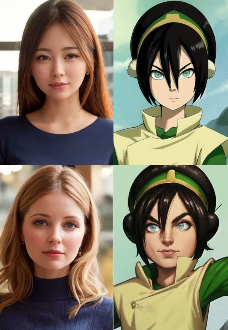 Images, before and after embedding, responding to the prompts "portrait of a beautiful woman" and "portrait of Toph (a character from the anime Avatar)."