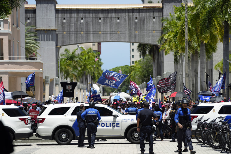 Trump supporters rally outside the courthouse on June 13, 2023, in Miami after former President Donald Trump arrived at the federal court.