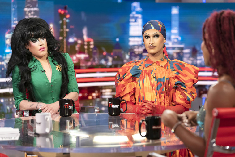 The 11th Hour with Stephanie Ruhle - Season 2023

New York City drag artists Nicky O, left, and Julie J listen to Mariyea, a performer and trans activist.