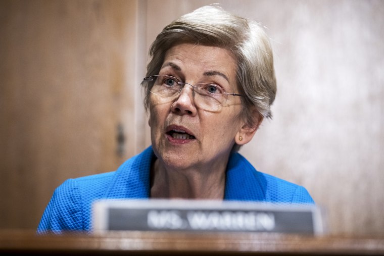 Sen. Elizabeth Warren, D-Mass., during a Senate hearing on April 19, 2023.