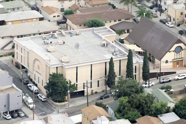 An aerial view of St. Anthony's Croatian Catholic Church in the Chinatown area of Los Angeles on June 14, 2023.