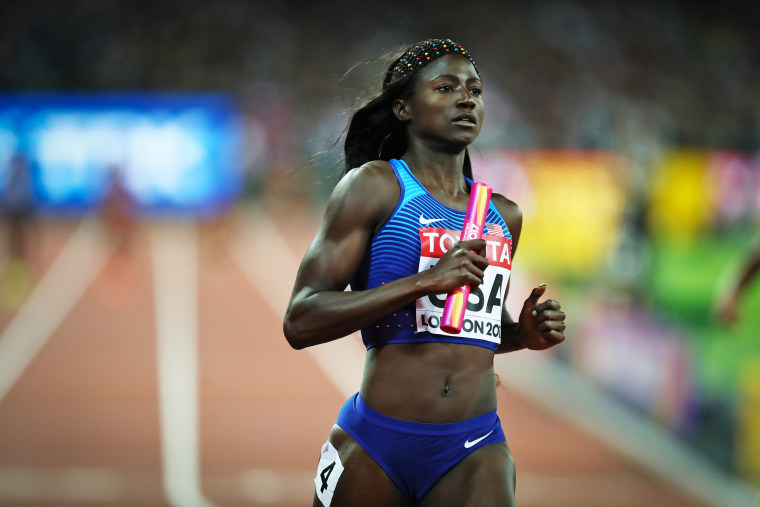 Tori Bowie of the U.S. anchors her team to victory in the Women's 4x100m Relay final World Athletics Championships in London in 2017.