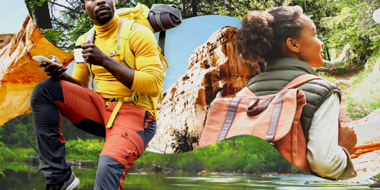Photo Illustration: A collage of imagery from national parks, and a Black man and woman in hiking gear