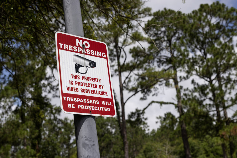 A "No Trespassing" sign at the Emerald Pines apartment complex in Gulfport, Miss.