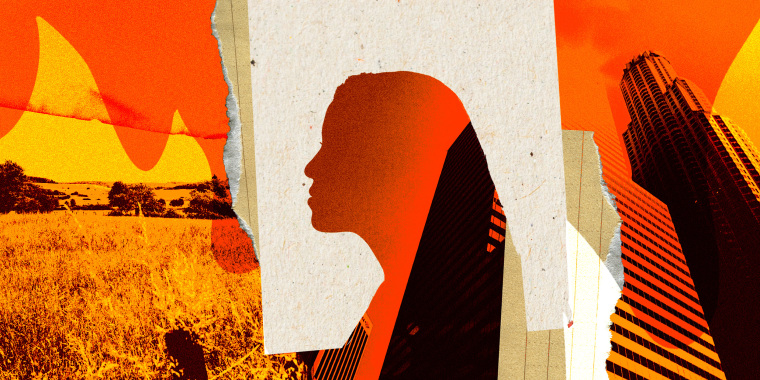 Photo Illustration: A rural and urban setting overlaid with flames and the profile of a woman