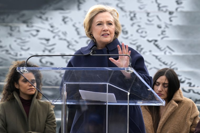 Former Secretary of State Hillary Clinton speaks at a press preview of an art installation entitled "Eyes on Iran" in New York, Nov. 28, 2022. Clinton will become a professor of international affairs at Columbia University, the school announced Thursday, Jan. 5, 2023.