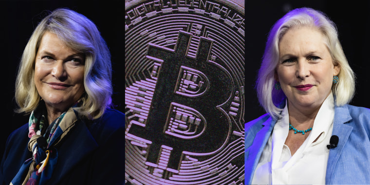 A triptych with  Cynthia Marie Lummis, a bitcoin and Kirsten Gillibrand