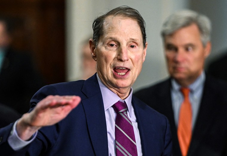 Image: Sen. Ron Wyden, D-Ore., speaks during a press conference following the Democratic Senate policy luncheons on Capitol Hill on June 13, 2023.