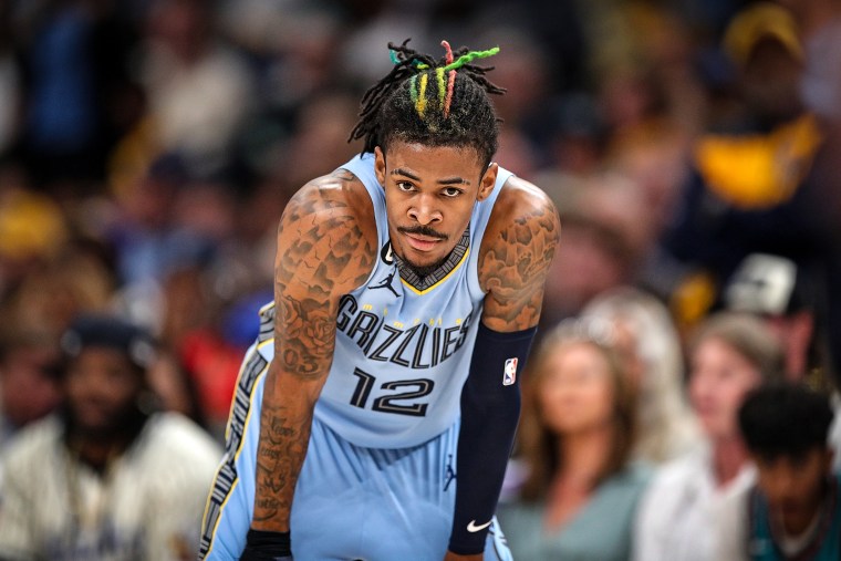Ja Morant #12 of the Memphis Grizzlies looks on against the Los Angeles Lakers during Game Five of the Western Conference First Round Playoffs at FedExForum on April 26, 2023 in Memphis, Tenn.