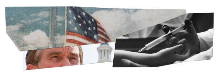 Photo collage of an American flag; Robert F. Kennedy Jr. speaking on Capitol Hill; and an archival photo of a doctor administering a vaccine into a child's arm.