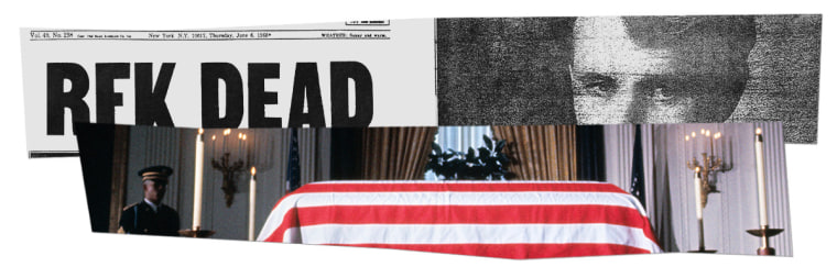 Photo collage of a newspaper headline and cover image of Robert F. Kennedy's assassination; the American flag-draped casket of President John F. Kennedy.