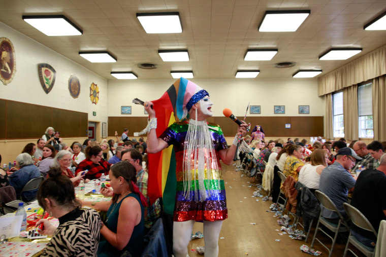 Russian River Sister of Perpetual Indulgence Sister Tooty Too Too Sweet emcees during "Wonder Woman Bingo" in Santa Rosa, Calif., on June 10.