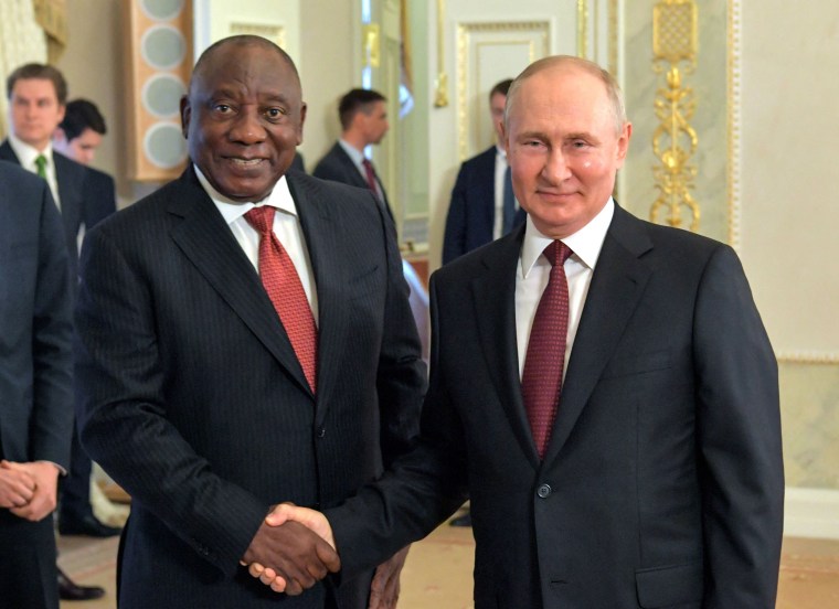 Vladimir Putin and Cyril Ramaphosa following a meeting with African leaders at the Constantine Palace in Strelna, Russia
