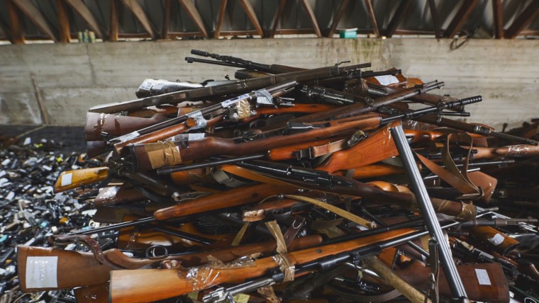 A pile of guns in a police warehouse in Serbia.