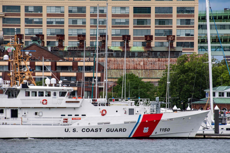 A U.S. Coast Guard vessel sits in port in Boston Harbor on June 19, 2022. 